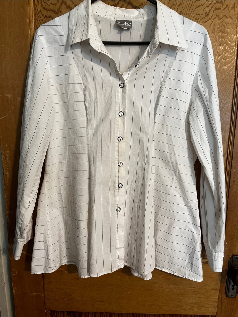 Niche Nilgun Derman White Striped Button Down Tunic Shirt L Lagenlook Artsy